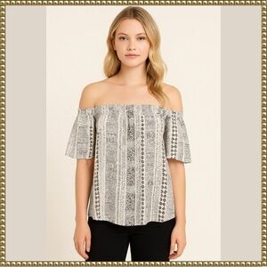 Elan Cream Gray Geometric Off The Shoulder Top Large NWT